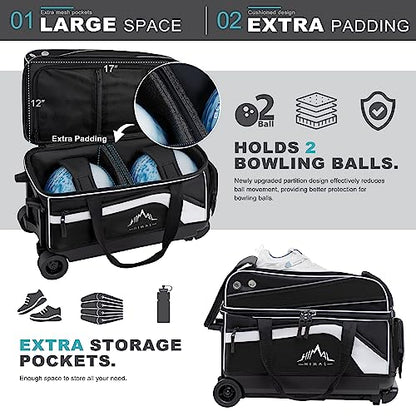 GoHimal Double Roller Bowling Bag, Shoe Compartment, Upgraded Fabric | Fits US men's size 15 shoes,multi pockets,retractable handle extends to 40",smooth-rolling wheels,lightweight design - color: Black
