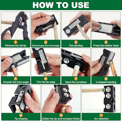 Pool Cue Tip Replacement Kit, 11-in-1 Pool Cue Tip Repair and Shaping Kit, Pool Cue Tip Repair Tool Include 10 Cue Tips, 4 Ferrules, 4 Chalks, Portable Pool Stick Tip Repair Kit