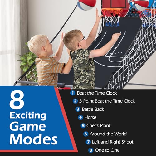 GYMAX Arcade Basketball Game Indoor Foldable with 8 Game Modes, Arcade Sound, 4 Balls and Inflation Pump, Electronic Basketball Games for Home - color: Red+blue