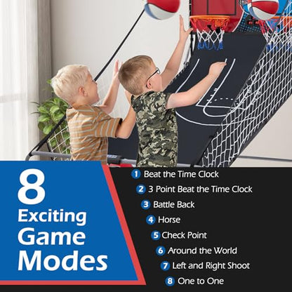 GYMAX Arcade Basketball Game Indoor Foldable with 8 Game Modes, Arcade Sound, 4 Balls and Inflation Pump, Electronic Basketball Games for Home - color: Red+blue