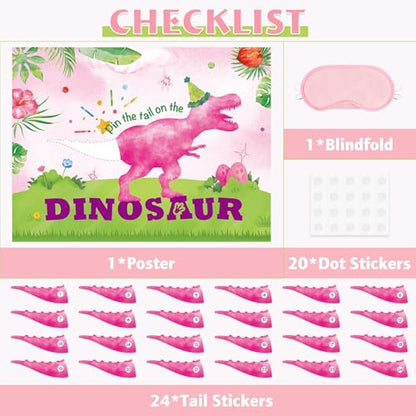 WERNNSAI Pin The Tail on The Dinosaur - Girl Dinosaur Party Decorations Pink Dino Party Games for Birthday Celebration Supplies 21" x 28" Poster with 24 PCS Tails Stickers - style: Dinosaur F 002