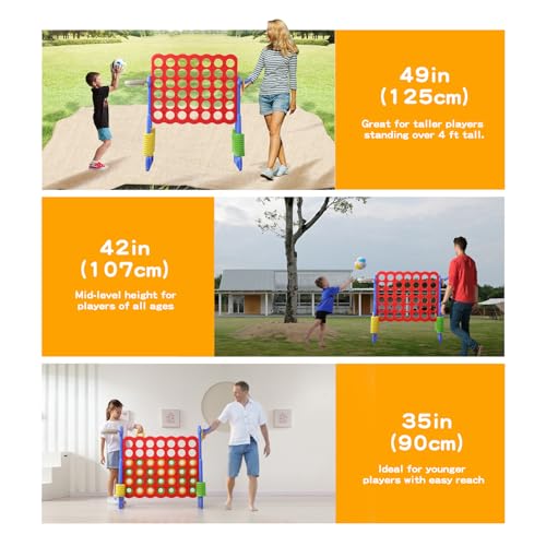 UNICOO Jumbo 4-in-a-Row Game Set, Height Adjustable Indoor Outdoor Yard Game with Basketball Hoop, Ring Toss & Carrying Bag, Family Party Lawn Game for Kids and Adults - color: Red & Blue
