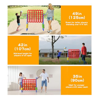 UNICOO Jumbo 4-in-a-Row Game Set, Height Adjustable Indoor Outdoor Yard Game with Basketball Hoop, Ring Toss & Carrying Bag, Family Party Lawn Game for Kids and Adults - color: Red & Blue