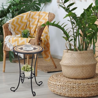 VCUTEKA Outdoor Side Table Mosaic Patio Table Accent Tables Mosaic Tile Top Metal Frame Small End Tables Porch Beach Patio Garden Balcony Tan - color: Tan