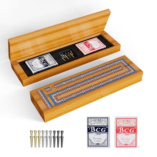 Wooden Cribbage Board Game Set – Continuous 3-Track Cribbage Board with Magnetic Lock & Large Storage, 9 Metal Pegs and 2 Decks of Cards – Portable Strategy Game for Travel & Game Nights - style: Classic