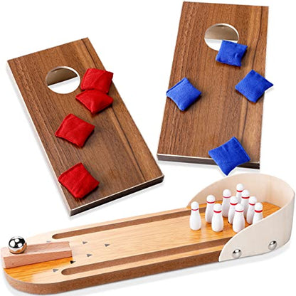 Jexine 3 Pcs Table Game Set Include 1 Tabletop Mini Bowling Game 2 Cornhole Set Desktop Table Game Wooden Bowling Game Portable Mini Desktop Cornhole Fun Desk Gifts for Adults