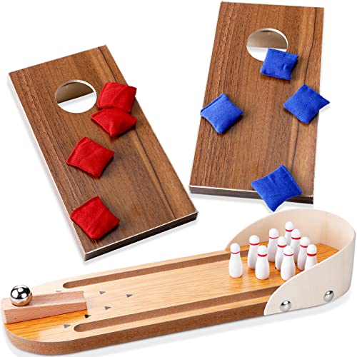 Jexine 3 Pcs Table Game Set Include 1 Tabletop Mini Bowling Game 2 Cornhole Set Desktop Table Game Wooden Bowling Game Portable Mini Desktop Cornhole Fun Desk Gifts for Adults