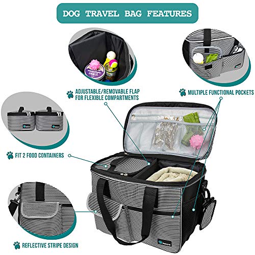 PetAmi Dog Travel Bag Organizer, Pet Travel Kit with 2 Food Containers & 2 Collapsible Dog Bowls, Pet Supplies Tote with Luggage Sleeve, Weekend Road Trip Camping Essentials, Stripe Black, Medium - color: Stripe Black, size: Medium - 14.5"L x 8"W x 12.0"H