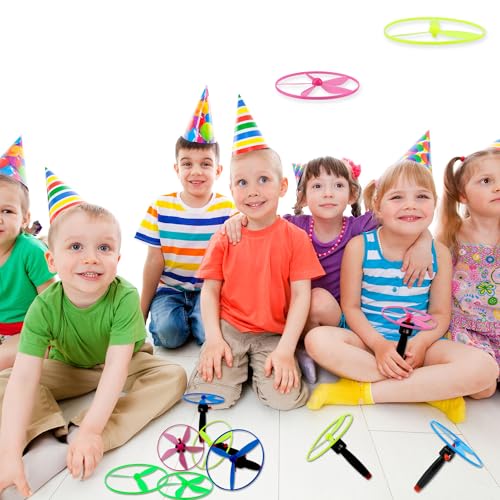 48 Pcs Flying Saucer Flying Disc Toy Helicopter Toy Disco Flyers Include 16 String Launchers and 32 Flying Saucer for Kids Outdoor Games Birthday Favors, Random Colors