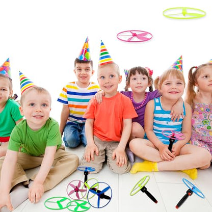 48 Pcs Flying Saucer Flying Disc Toy Helicopter Toy Disco Flyers Include 16 String Launchers and 32 Flying Saucer for Kids Outdoor Games Birthday Favors, Random Colors