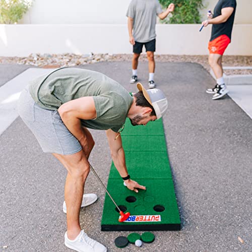 PutterBall Original Golf Putting Game Set – Backyard 12 ft Putting Green Pong Style Golf Mat with 2 Putters, 2 Balls & Hole Covers