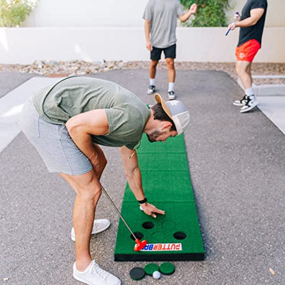 PutterBall Original Golf Putting Game Set – Backyard 12 ft Putting Green Pong Style Golf Mat with 2 Putters, 2 Balls & Hole Covers