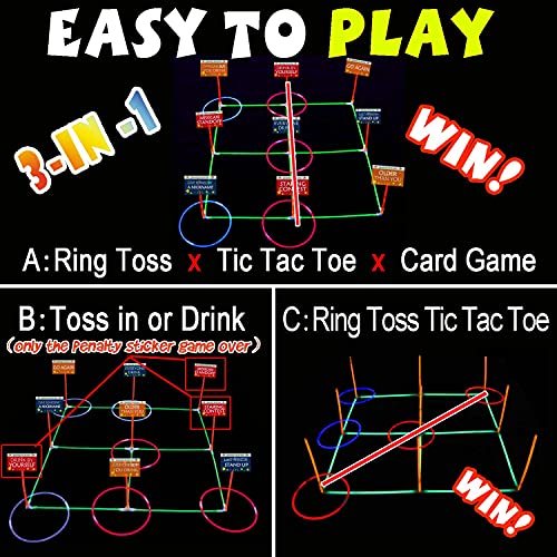18.2Inch 3-in-1 Glowing Ring Toss Tic Tac Toe Outdoor Game for Adults and Family, Camping Games, 5 Blue Rings & 5 Red Rings