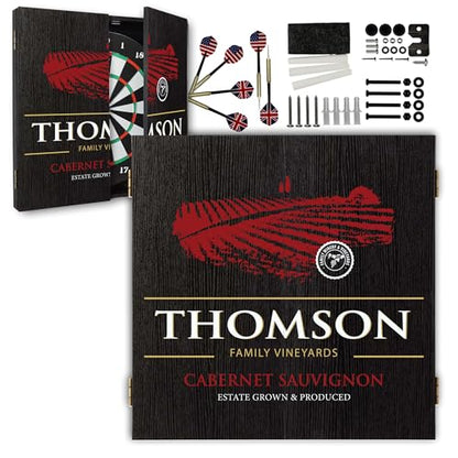 Personalized Dart Board Cabinet Set with 6 Steel Tip Darts, Paper Dartboard, Chalk & Eraser (21.5 x 21.5 x 2.75) - Man Cave Dart Boards for Adults - style: Family Estate Vineyards