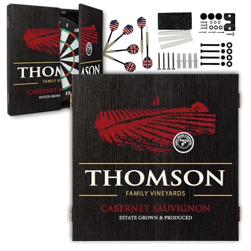 Personalized Dart Board Cabinet Set with 6 Steel Tip Darts, Paper Dartboard, Chalk & Eraser (21.5 x 21.5 x 2.75) - Man Cave Dart Boards for Adults - style: Family Estate Vineyards