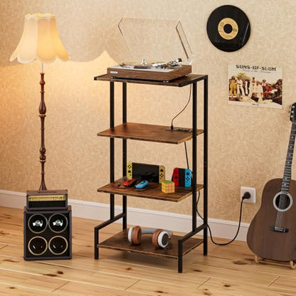 Arbuxzuy 4-Tier AV Media Stand with Power Outlet and LED Lights,Wooden Stereo Stand Cabinet,Game Console Shelf for Small Space,Audio Rack Stand Tower Ideal for Video DVD Players,Xbox - color: Rustic Brown