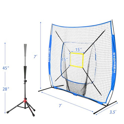 Storgem Baseball and Softball Practice Net 7×7ft Portable Hitting Pitching Batting Training Net Baseball Backstop Net with Batting Tee and Strike Zone and Bow Frame - color: Blue