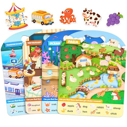 JoyCat Reusable Sticker Book Set (4-Pack), Kids Sticker Activity Books, 120+ Stickers for Toddlers, Travel Toys for Car Airplane Road Trips, Preschool Educational Learning Gifts for Boys Girls - style: 4-Pack: Mixed Themes