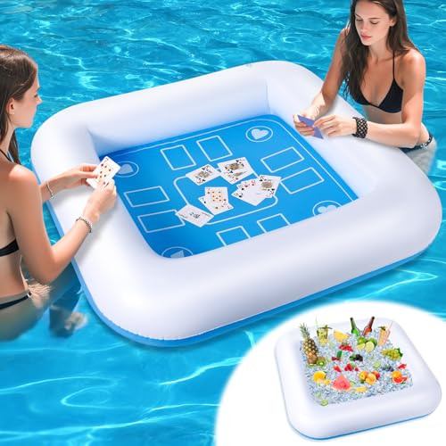 Pool Inflatable Game Table with Waterproof Playing Cards(35.5 inches×35.5 inches,Blue/White) - size: 1 Set