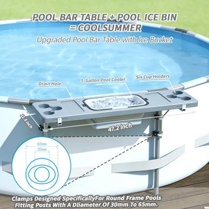 Pool Bar for Above Ground Pool - Poolside Bar with 6 Cup Holders & Ice Bin, 47.2"×11.8" Foldable Above Ground Pool Bar Table, Portable Swim Up Bar, Frame Above Ground Round Swimming Pools Accessories - color: Gray-blue Pool Bar