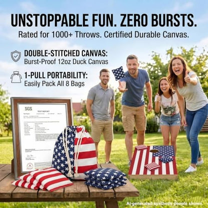 Regulation Cornhole Bean Bags: Set of 8 (6"x6"/16oz) Double Stitched 12oz Canvas - Resin Filled & Burst-Resistant 1000+ Tosses - Portable Tote for Backyard Games