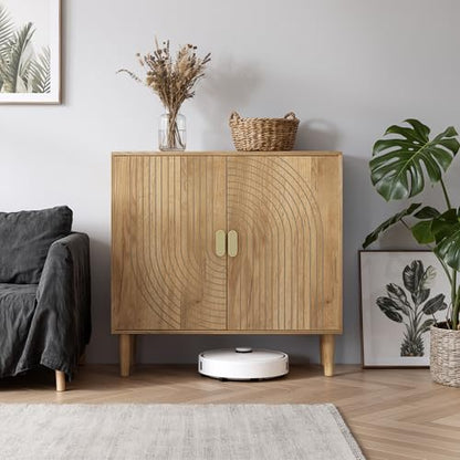 Smuxee Oak Sideboard Cabinet, Freestanding Buffet Cabinet with Line Groove Design, Wood Storage Cabinet with Adjustable Shelf for Living Room, Entryway, Hallway - color: Oak
