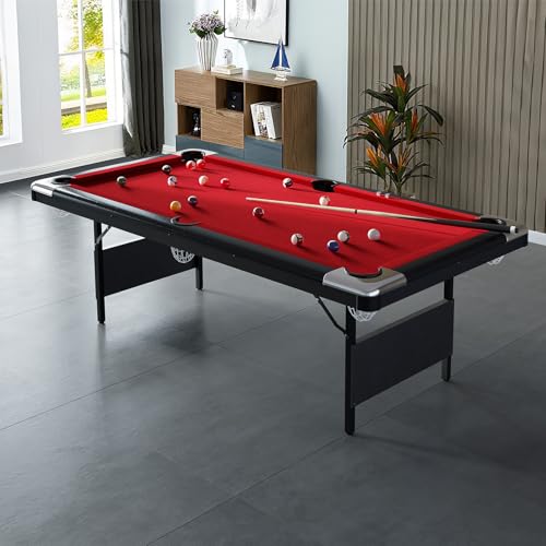CuisinSmart 6-7 Ft Foldable Billiards Tables, Portable Pool Table, Billiards Tables for Adults Full Size, Outdoor Pool Table Includes Full Set of Balls, 2 Cue Sticks, Chalk and Felt Brush (Red, 7FT)