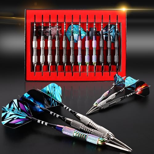 WINSDART Steel Tip Darts 12 Pack Set with Nonslip Iron Barrel Aluminum Dart Shafts and Flights Darts Sharpener an Gift Box - color: Multicolor 3-Darts-I