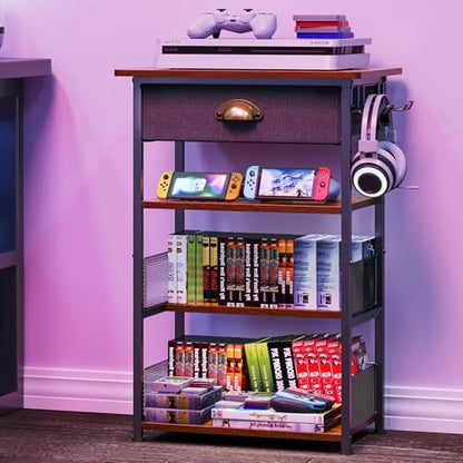 Hongtamoya 4-Tier AV Media Stand with Drawer, Video Game Console Shelf with 2 Hooks, Audio Rack Tower Perfect for/Xbox/ PS5/Switch/Game Consoles/DVD/Record Player/Projector/Sky Box/TV Accessories