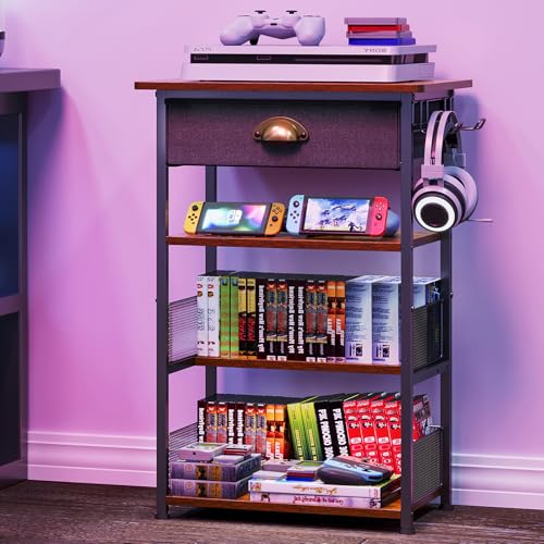 Hongtamoya 4-Tier AV Media Stand with Drawer, Video Game Console Shelf with 2 Hooks, Audio Rack Tower Perfect for/Xbox/ PS5/Switch/Game Consoles/DVD/Record Player/Projector/Sky Box/TV Accessories