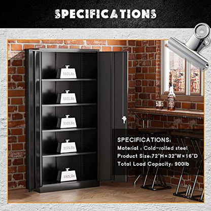 Greenvelly Storage Cabinet, 72” Black Garage Steel Locking Cabinet with Doors and 4 Adjustable Shelves, Tall Lockable File &Tool Cabinet for Home Office, Metal Classroom Cabinet Basement - color: Black, style: 72"H