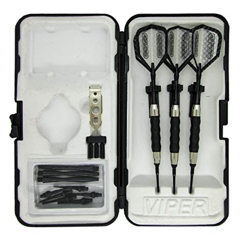 Sure Grip Viper Black Soft Tip Darts with Dart Case & Accessories Choice of Flights 16 or 18 Grams Plus I Love Darts Bracelet (Dimplex Clear, 18g)