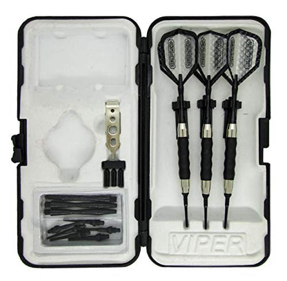 Sure Grip Viper Black Soft Tip Darts with Dart Case & Accessories Choice of Flights 16 or 18 Grams Plus I Love Darts Bracelet (Dimplex Clear, 18g)