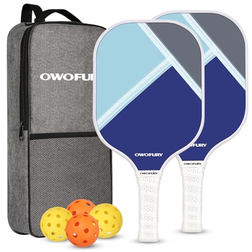 Fiberglass Pickleball Paddles Set of 2, Pickle Ball Racket Lightweight Honeycomb Core Control Paddle, with 4 Indoor Outdoor Balls and Bag for Men Women - color: Blue