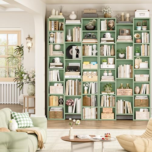 FOTOSOK 71'' Tall Bookshelf with 21 Cubes, 8 Tier Triple Wide Bookshelf with 8 Adjustable Shelves, 35" Large Bookcase DVD/CD Media Tower Storage, Freestanding Display Shelf Cabinet, Green - color: Green