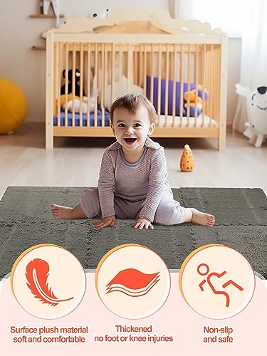 12 pcs Thickened Plush Foam Interlocking Floor Mat, Interlocking Foam Tiles with Edgings for Kids, Soft Anti-Slip Puzzle Area Square Rug Playmat for Children Room Bedroom(11.8", Gray) - color: Grey