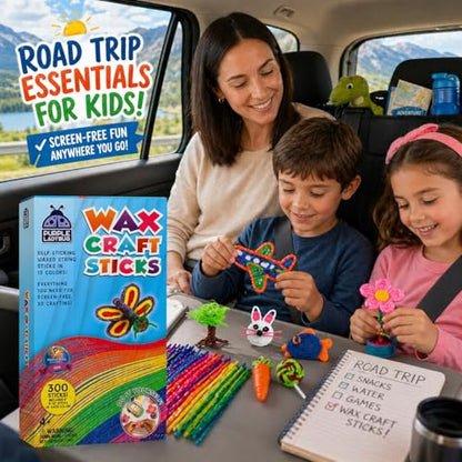 PURPLE LADYBUG 300 PCS Bendable Wax Craft Sticks in 2 Lengths - 6" and 12" Strips in 15 Colors Each, Mess-Free Road Trip Activity for Kids, Travel Toys for Car & Airplane for Kids Ages 4+