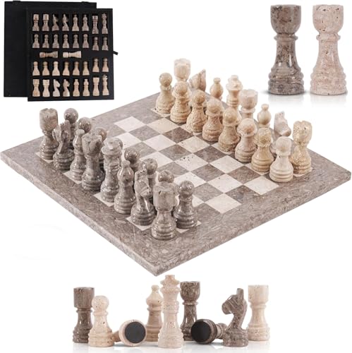 Marble Chess Set for Adults 12 Inch Handmade Oceanic and Travertine Chess Board Games with Storage Box, Travel Chess Game with 32 Chess Pieces & 2 Extra Queens, Gifts & Home Décor - color: Oceanic and Travertine