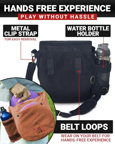Disc Golf Bag | Frisbee Golf Bag | Easy to Carry | Lightweight Fits Up to 10 Discs | 16 oz Waxed Canvas Sturdy Design | Belt Loop | Double Button Design | Bottle Holder - style: Waxed Canvas - Black