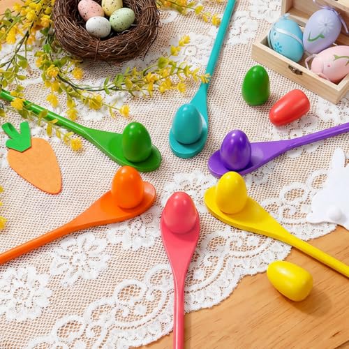 12 Pcs Easter Egg and Spoon Race Game Set, 6 Players Carnival Egg and Spoon Relay Game, Wooden Egg Spoon Balance Carnival Games for Easter Birthday Holiday Outdoor Family Activities