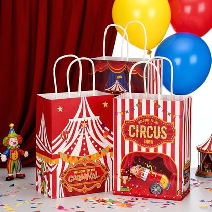 Kolldenn 48 Pcs Carnival Party Favor Bags Circus Gift Goodie Paper Bags with Handles Red White Stripe Circus Treat Candy Pouch for Carnival Party Supplies Birthday Mardi Gras Decorations - style: Circus