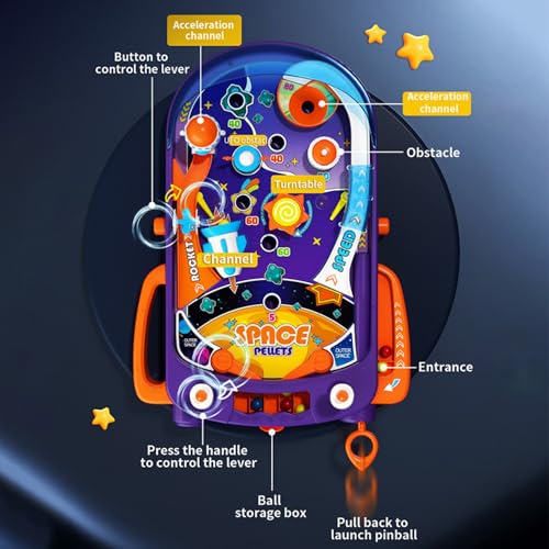 Tabletop Pinball Machine - Space Mini Arcade Game with Sound & Light, Pull-Back Launcher, Flippers, Carry Handle, Suction Cup Feet, Games for Kids Ages 3+ - style: Space (Lights & Sounds)