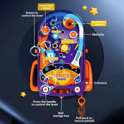 Tabletop Pinball Machine - Space Mini Arcade Game with Sound & Light, Pull-Back Launcher, Flippers, Carry Handle, Suction Cup Feet, Games for Kids Ages 3+ - style: Space (Lights & Sounds)