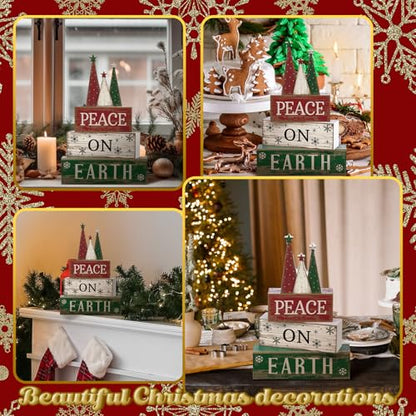 Lineshading 4 Pcs Christmas Table Decoration Wooden Christmas Tree Sign Winter Tiered Tray Decor Decorative Red Green and White Tree Block Signs Xmas Table Centerpiece Farmhouse Decor for Home Kitchen - style: Christmas Tree