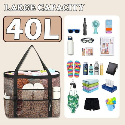 GYEUKHAM Mesh Beach Bag for Women, Sand-Resistant Pool Tote, 9 Pockets (1 Inner Zip), Foldable Family Travel Essentials - color: L-leopard