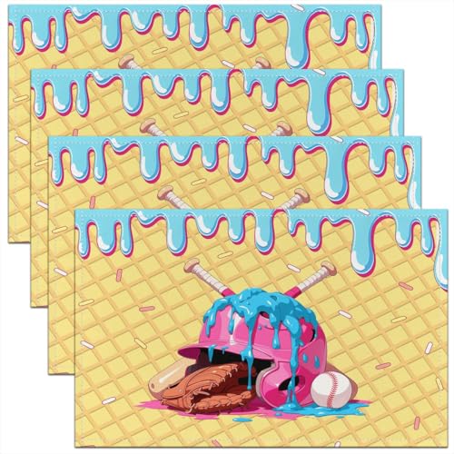 Ice Cream Drip Baseball Kids Placemats Set of 4,Baseball Cap Hat Bat Sport Game Table Place Mats,Waffle Cake Biscuit Dessert Macaron Kitchen Decor,Yellow Pink Placemat Kitchen Table Decoration 12"x18" - color: Yellow Pink