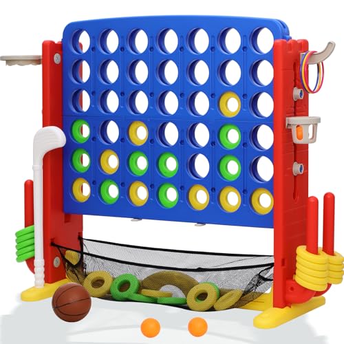 Giant 4-in-A Row Connect Game Set, Height Adjust Jumbo Yard Game for Kids & Adults w/Mesh Catching Bag, Basketball Hoop, Ring Toss & Mini Golf, Family Party 4-to-Score Indoor/Outdoor Games - color: Blue Red