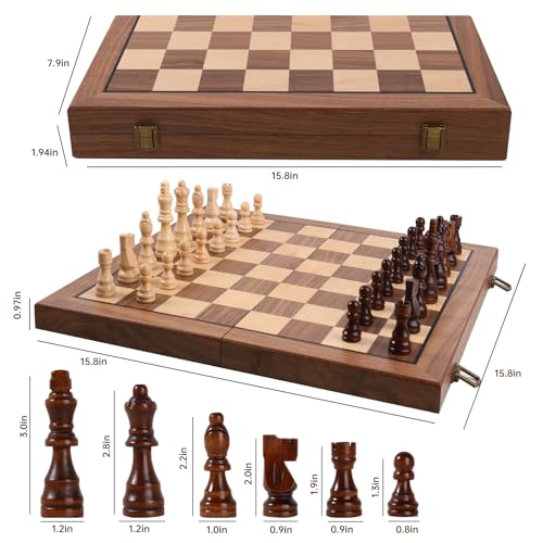 Ajedrez Magnetic Wooden Chess Set, 15" Walnut Folding Chess Board with Handcrafted Pieces 2 Extra Queens, Portable Travel Chess Board Game for Adults Kids, Gift Box & Storage Bag - color: Blue