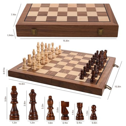Ajedrez Magnetic Wooden Chess Set, 15" Walnut Folding Chess Board with Handcrafted Pieces 2 Extra Queens, Portable Travel Chess Board Game for Adults Kids, Gift Box & Storage Bag - color: Blue