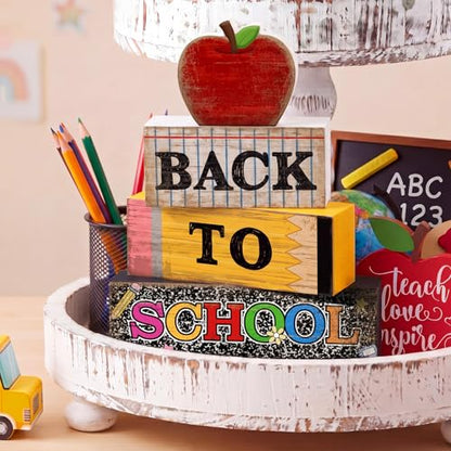 Lineshading 4 Pcs Back to School Table Decorations Retro Red Apples Decor Back to School Tiered Tray Decor Apple Centerpieces Rustic Wood Pencil Block Sign Farmhouse Gifts for Class Party Home Shelf - style: Back to School